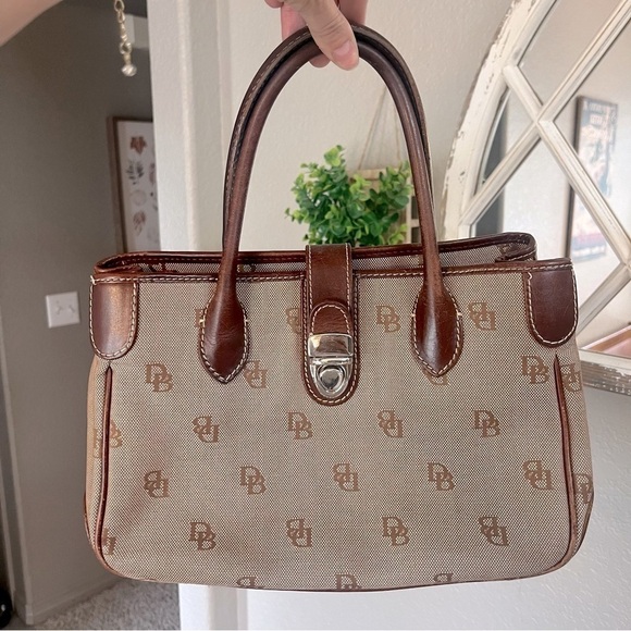 Dooney & Bourke Brown Monogram Leather and Canvas Shoulder Bag Tote Purse - Picture 1 of 16